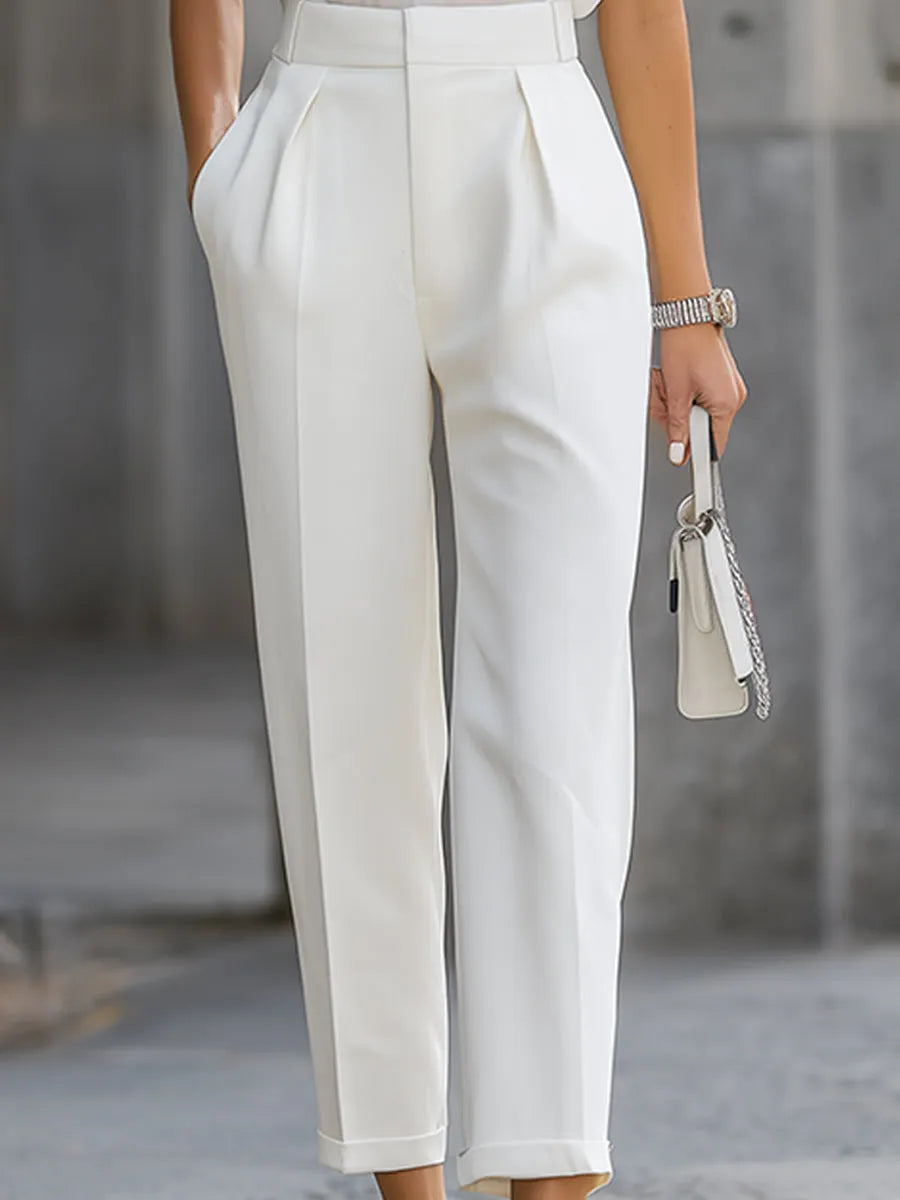 Pleated High-Neck Sleeveless Top With Tailored Straight-Leg Trousers Set