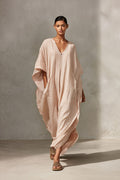 Women's Light Pink Striped V-Neck Kaftan Maxi Dress
