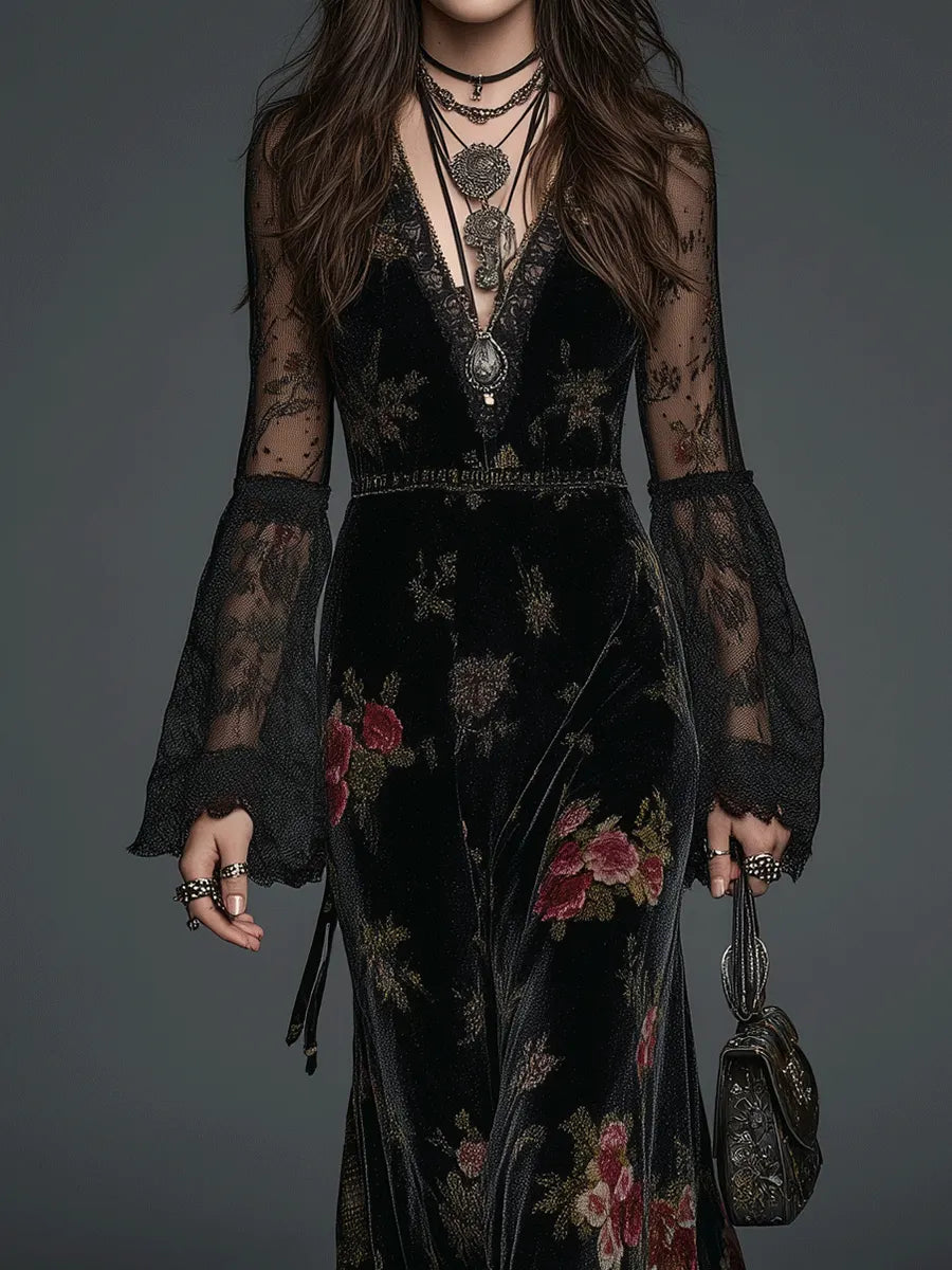 Vintage Black Velvet Floral Lace Sleeve Maxi Dress
