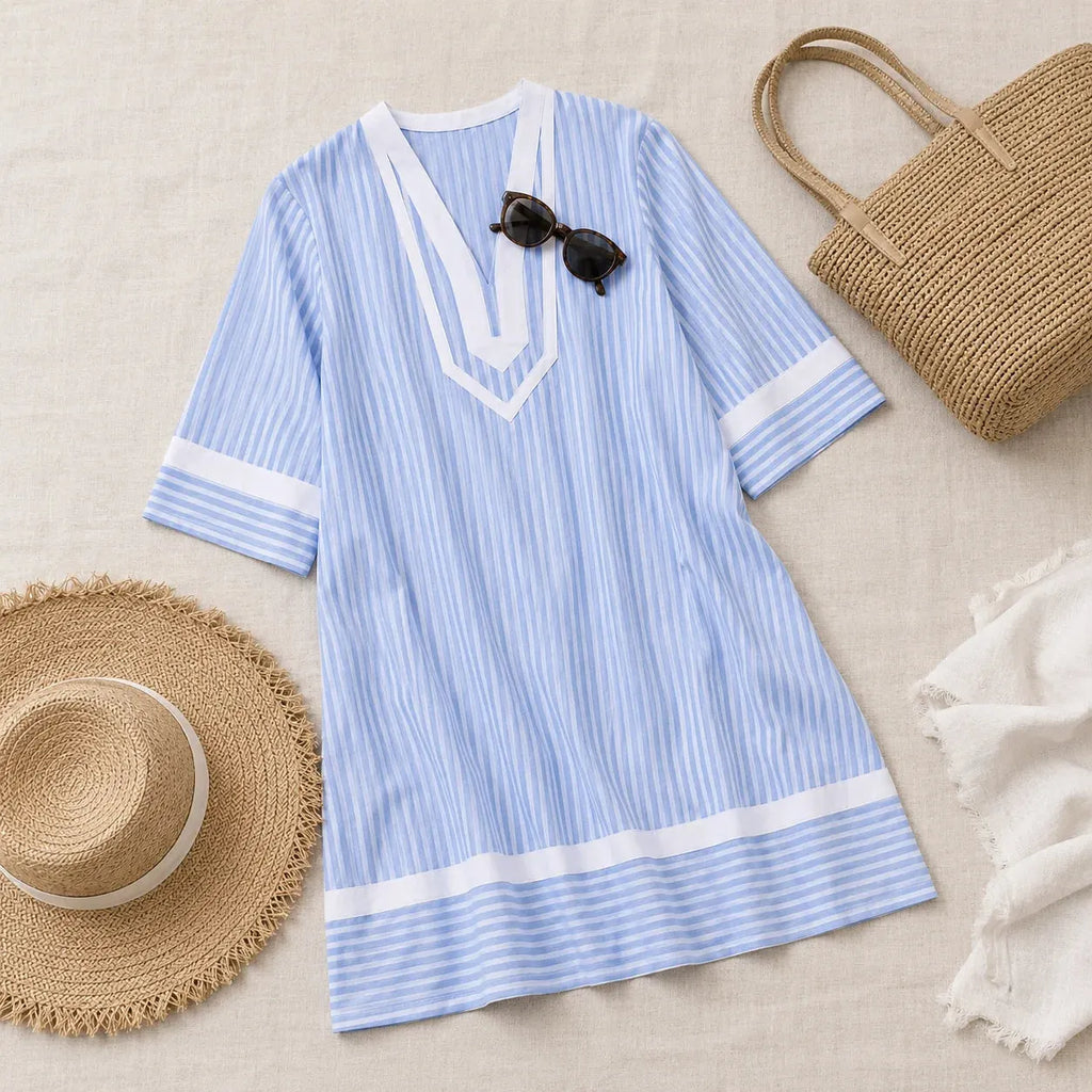Marivelle – Striped V-Neck Tunic Dress with Pockets