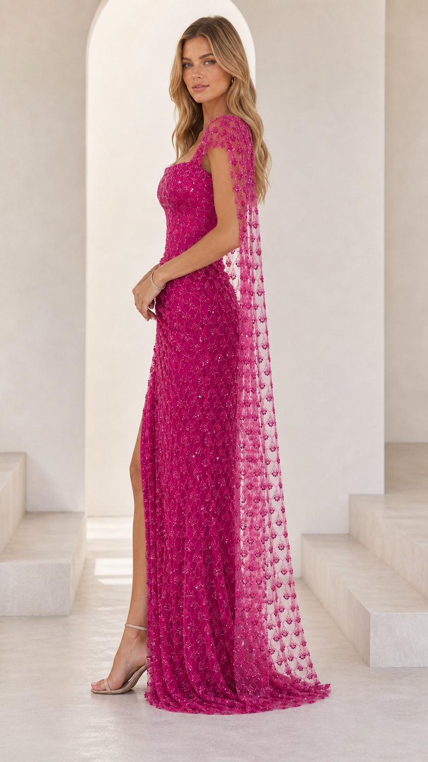 Sequined Square Neck Capelet Evening Gown with Thigh Slit