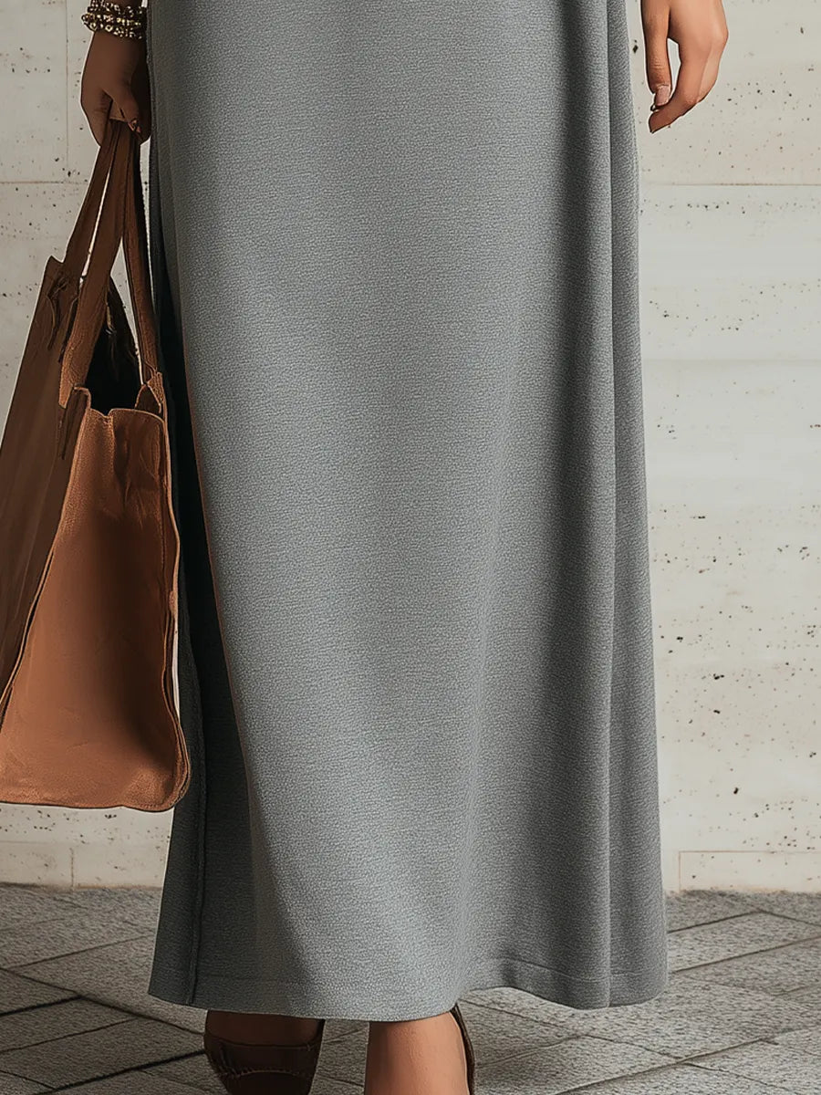 Minimalist Grey Contrast Collar Maxi Dress