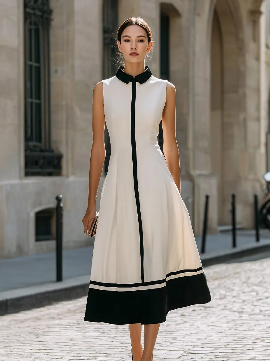 Contrast Trim Sleeveless A-Line Maxi Dress With Structured Collar
