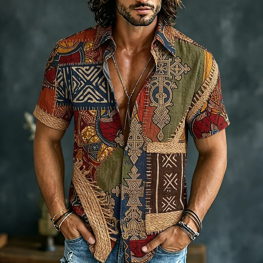 Men's Retro Hippie Color Block Pattern Short-sleeve Cotton Linen Shirt