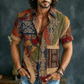 Men's Retro Hippie Color Block Pattern Short-sleeve Cotton Linen Shirt