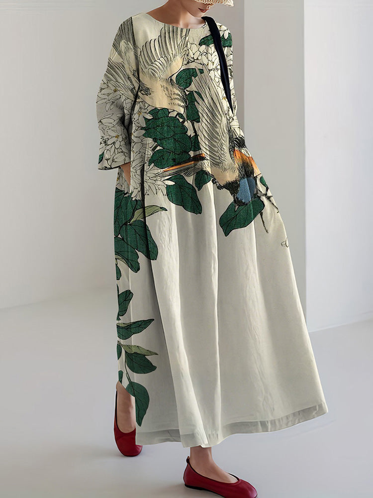 Women's Japanese Floral And Bird Art Print Midi Dress