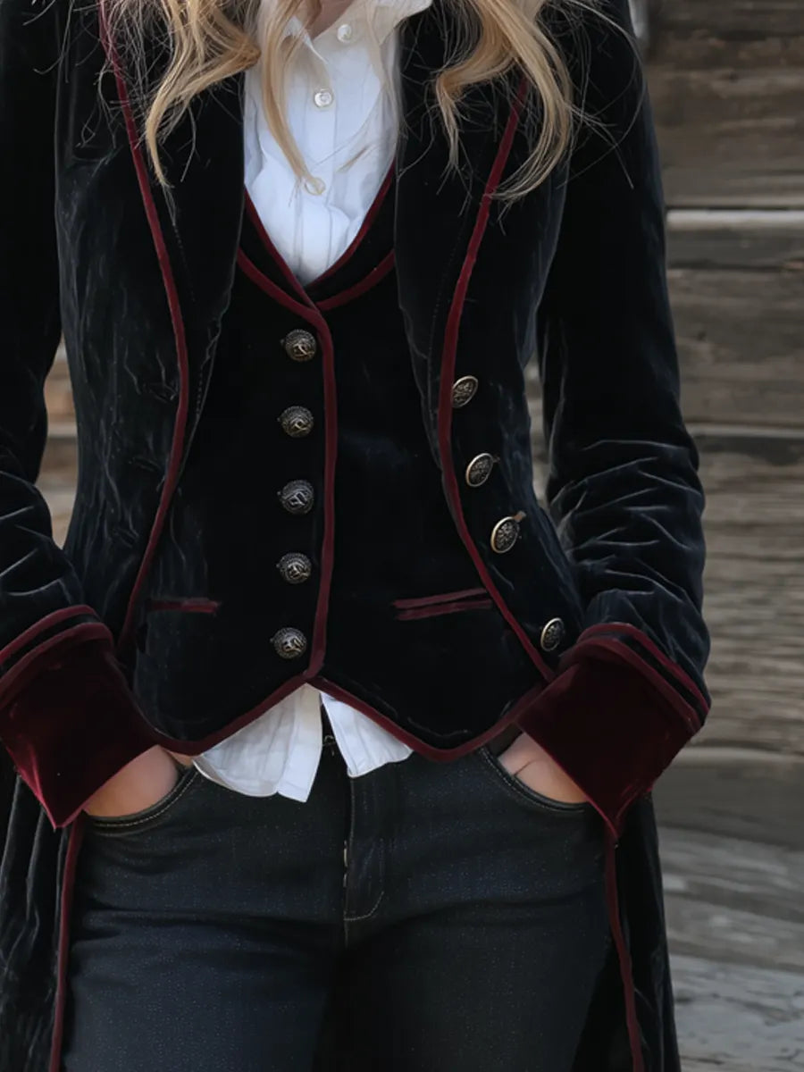 Vintage Contrast Trim Velvet Long Jacket