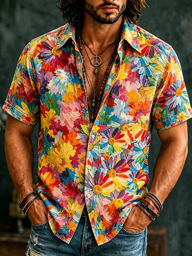 Men's Retro Hippie Flowers Graffiti Art Pattern Casual Shirt