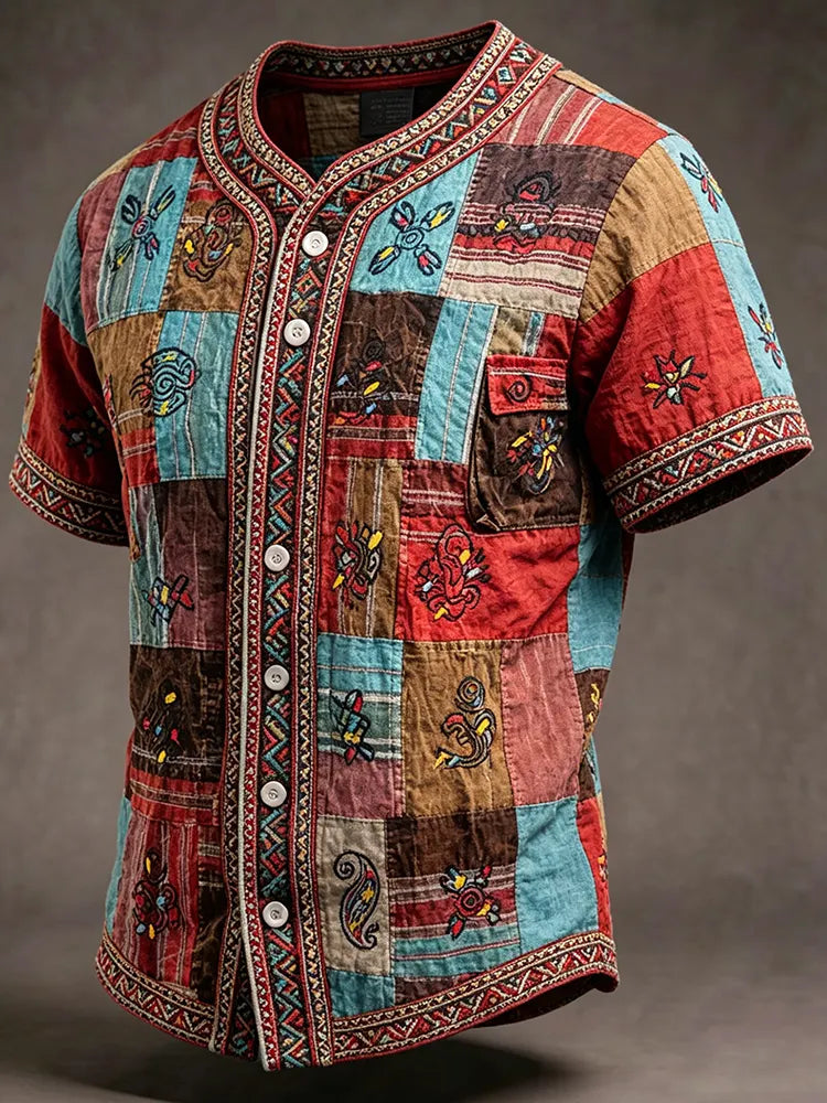 Men's Retro Hippie Patchwork Short-sleeve Cotton Linen Shirt