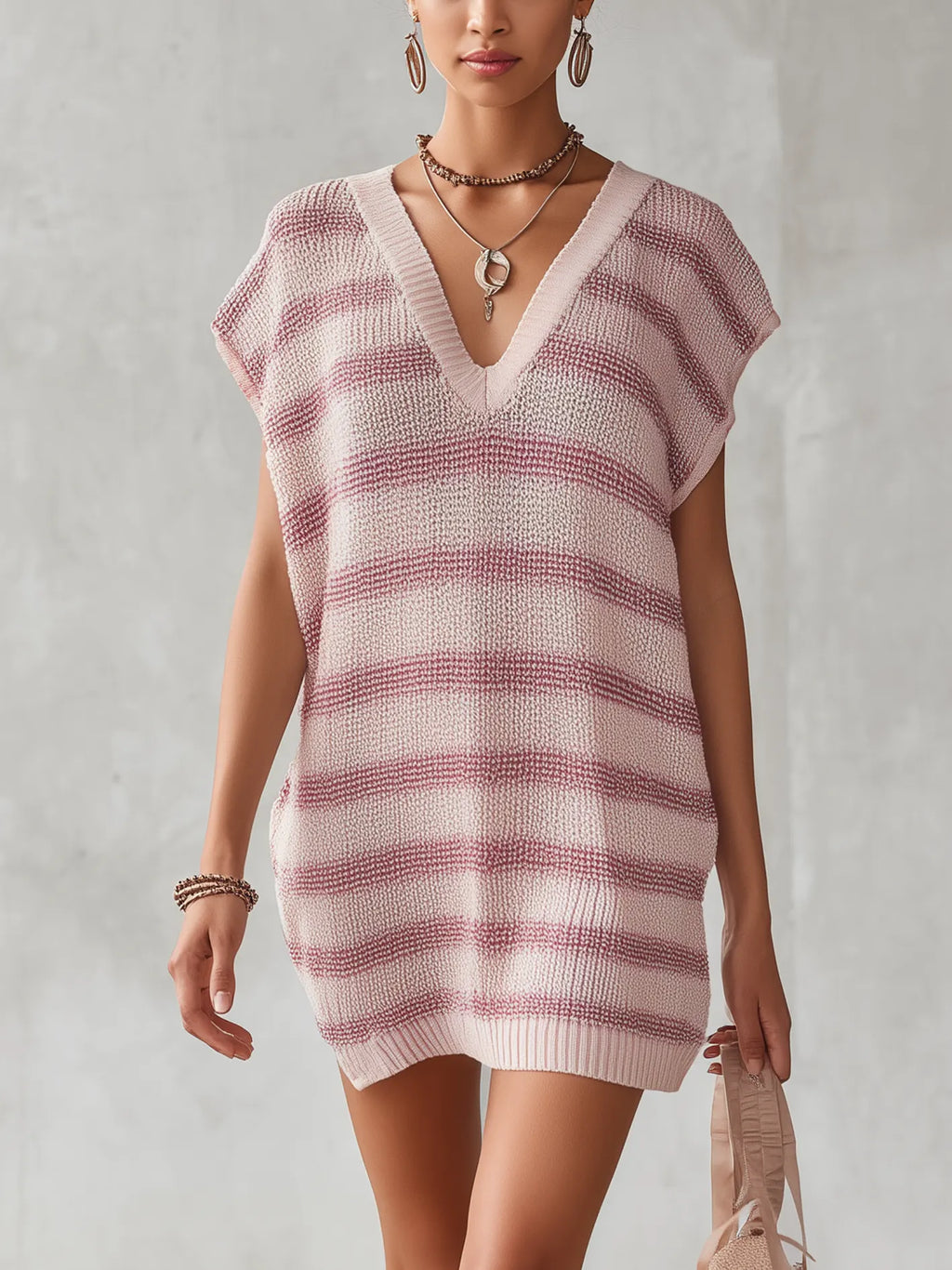 Blush Pink Striped V-Neck Knit Mini Sweater Dress