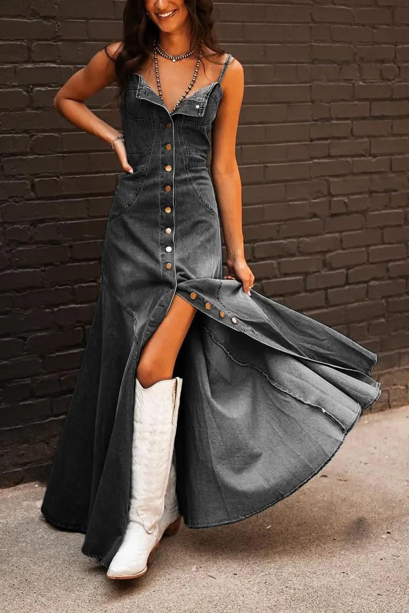 Women's Spaghetti Strap Smocked Back Denim Dress Button Down A-Line Swing Flowy Maxi Jean Dress