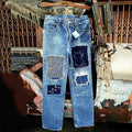 Japanese Style Sashiko Spliced cat Pattern Design Jeans