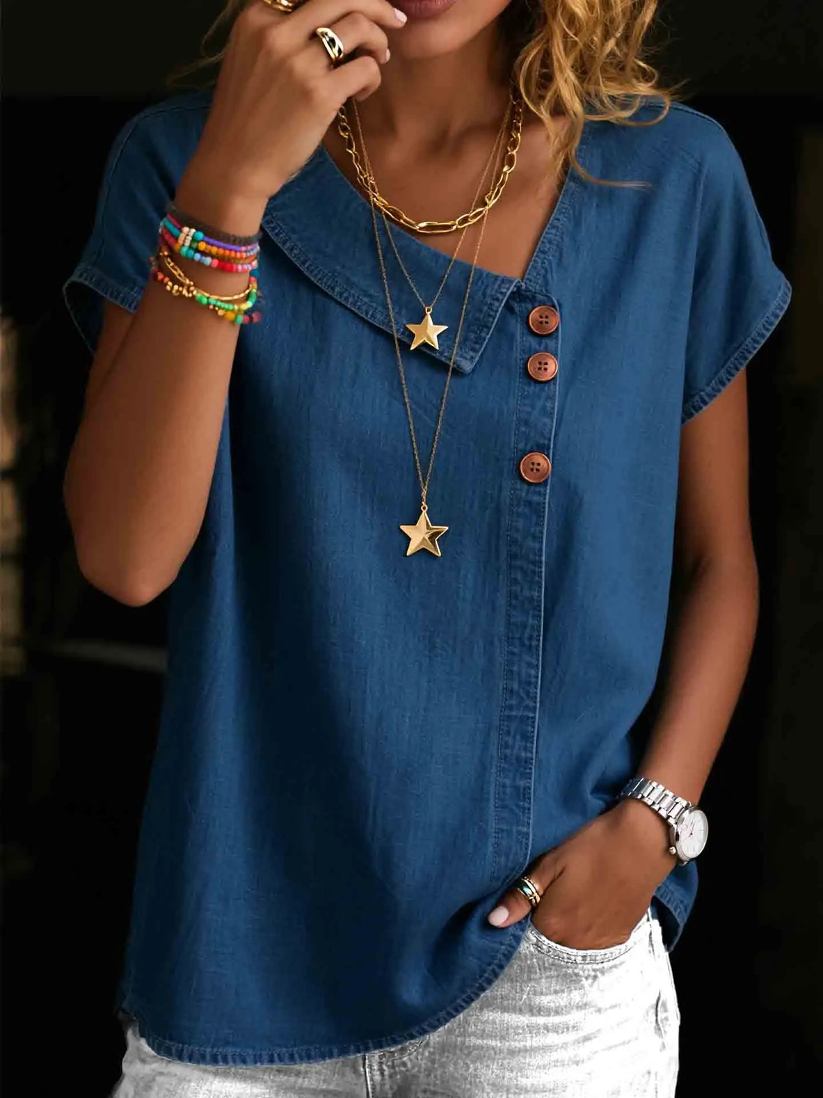 Women's Asymmetrical Neckline Button-up Denim Top