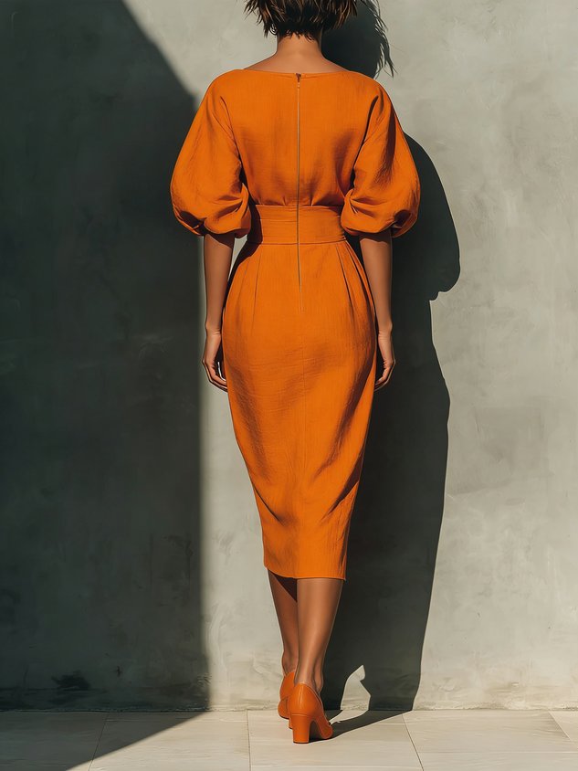 Cotton Elegant Plain Crew Neck Midi Dress