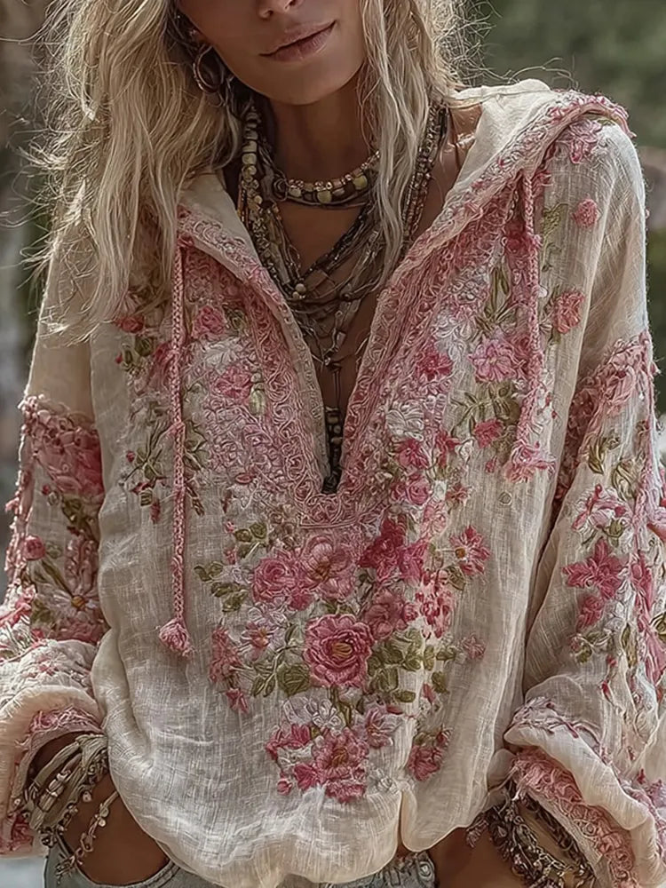 Women's Vintage Floral Embroidery Pattern Warm V-neck Hoodie