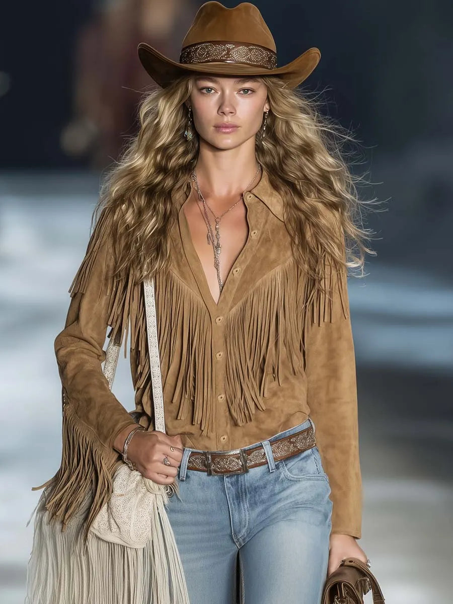 Casual Vintage Western Button Front Tassel Long Sleeve Light Brown Fuax Suede Shirt Top