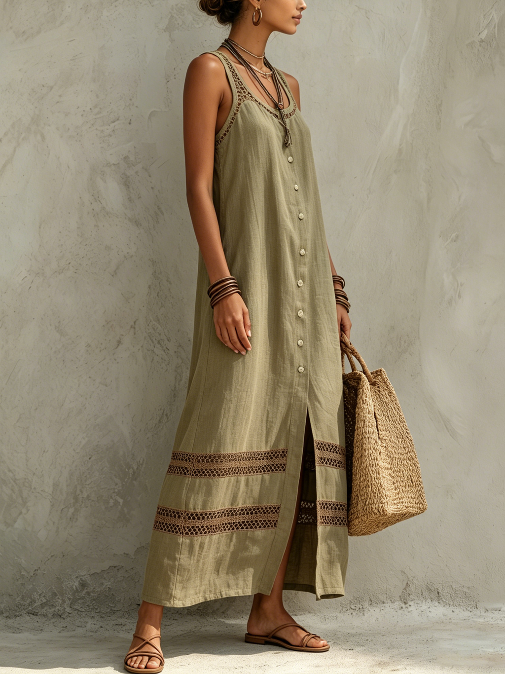 Olive Green Cotton Linen Sleeveless Contrast Lace Cutout Maxi Dress