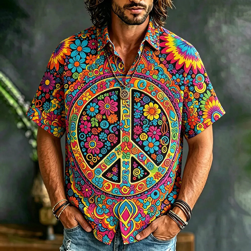 All Over Floral Peace Sign Print Shirt Men 70s Hippie Psychedelic Boho Short Sleeve Top