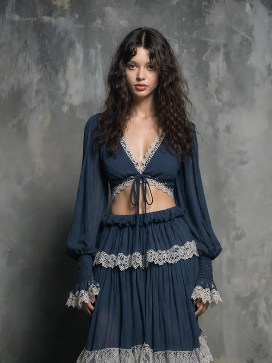 Women's Bohemian-Style Vintage Romantic Deep Navy Blue Lace-Trimmed Tiered Maxi Skirt And Cropped Top Set MDZ2220D5ZJW