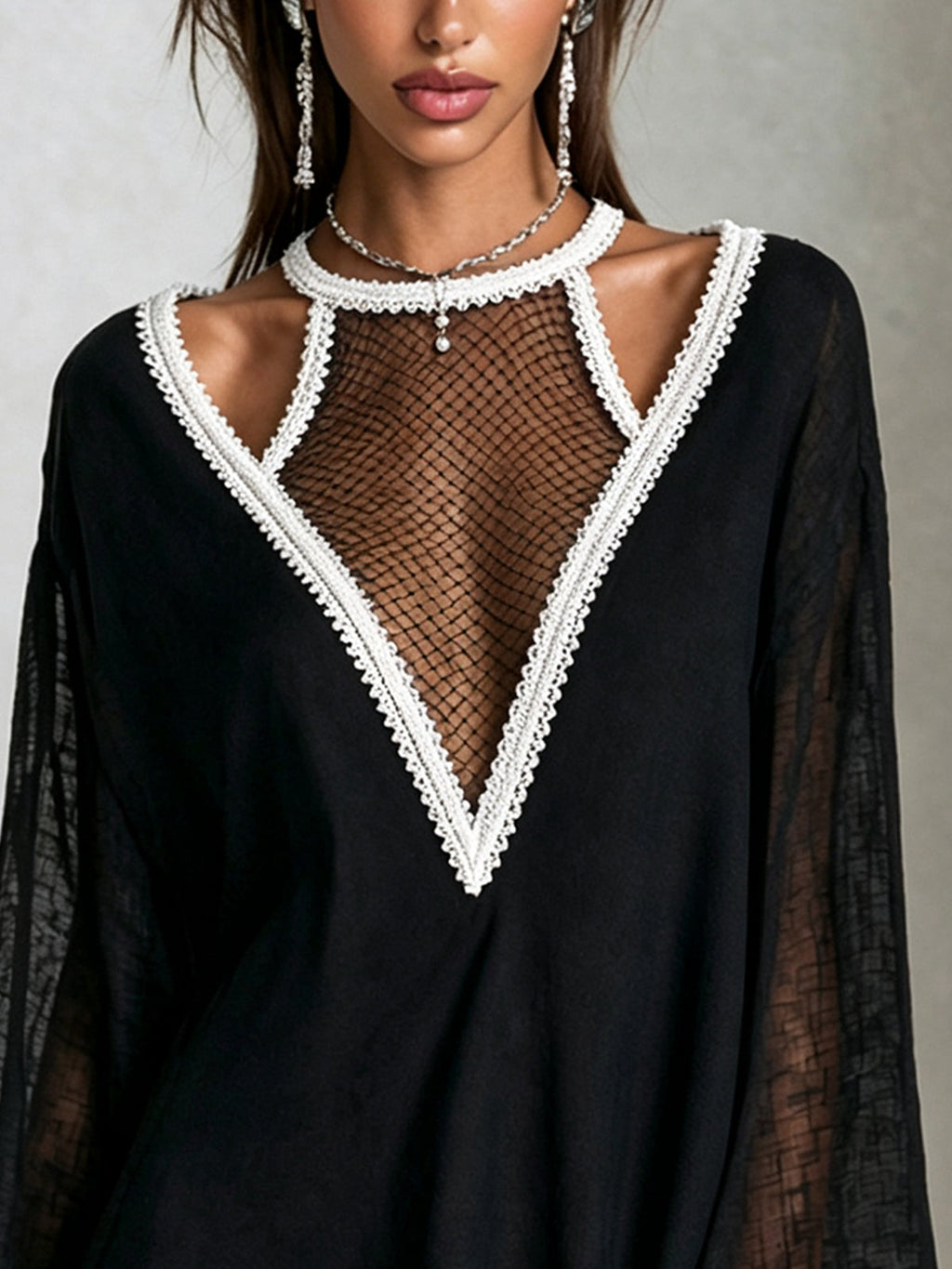 Black Mini Dress With Ivory Crochet Trim