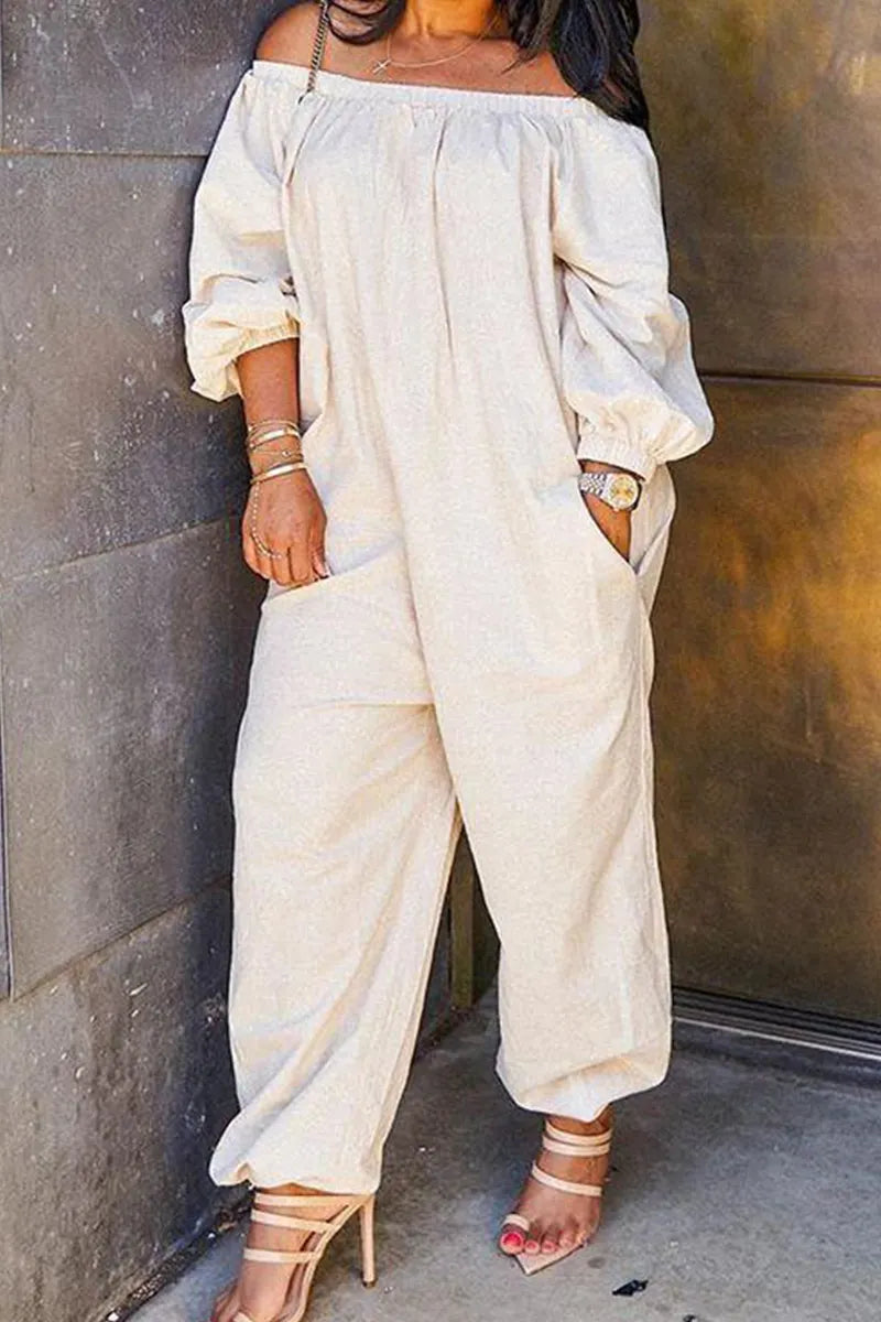 Women's Casual Off Shoulder Loose Fitting Wide Leg Jumpsuit With Pockets