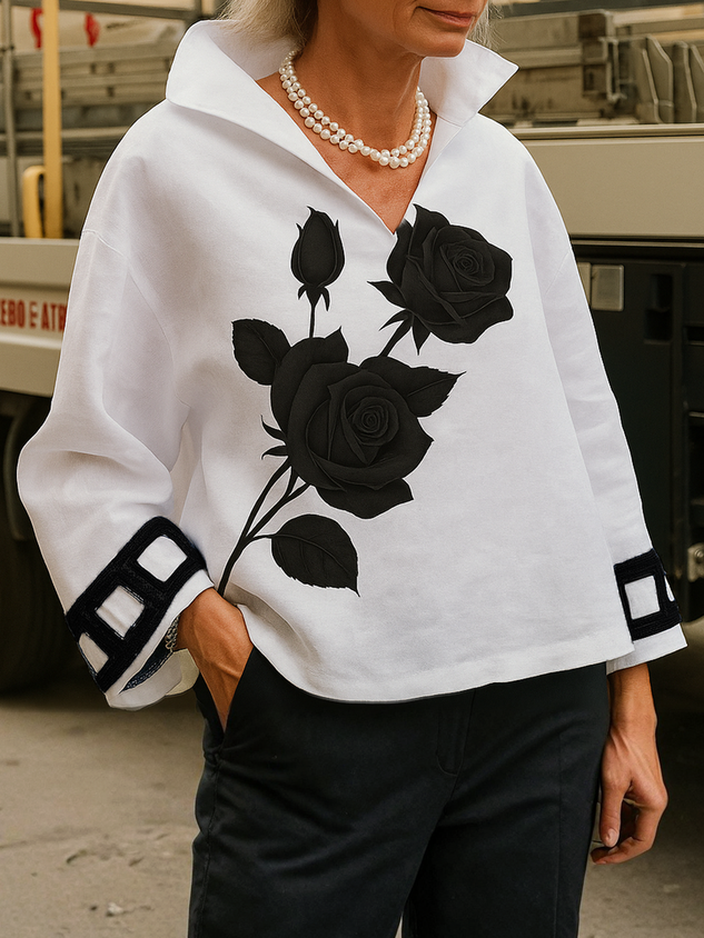 Casual Floral Printing Shawl Collar Blouse