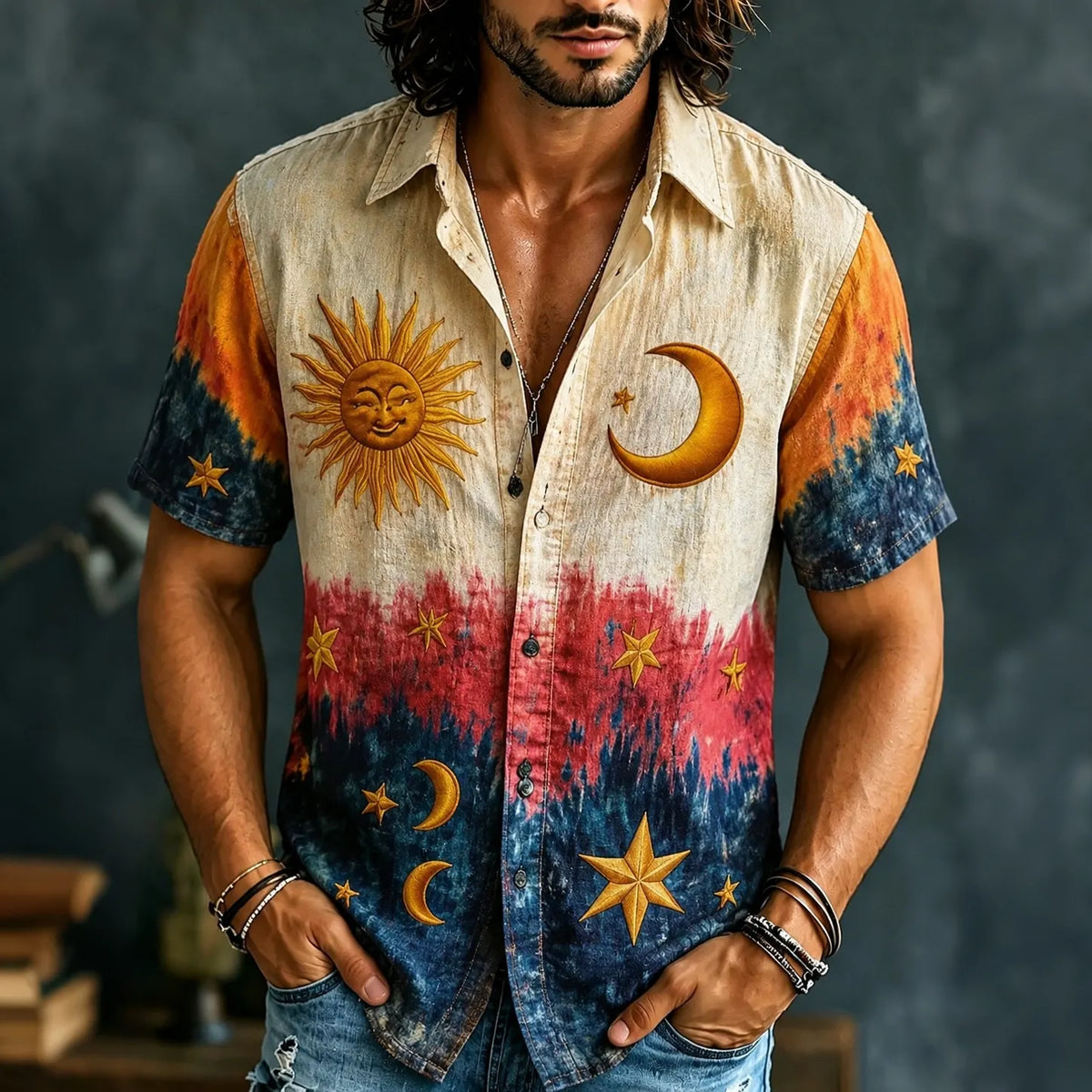Men's Retro Hippie Gradient Pattern Print Short-sleeve Shirt