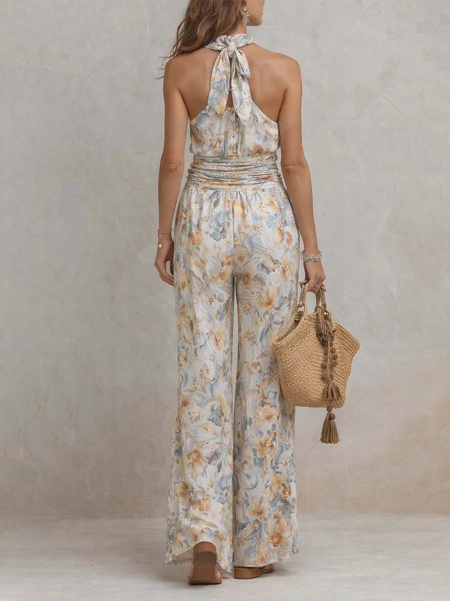Bohemian Halter Floral & Stripe Wide-Leg Jumpsuit With Ruched Waist