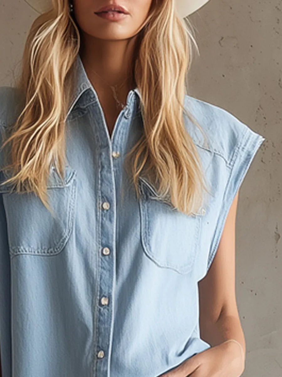 Casual Retro Light Blue Denim Sleeveless Shirt