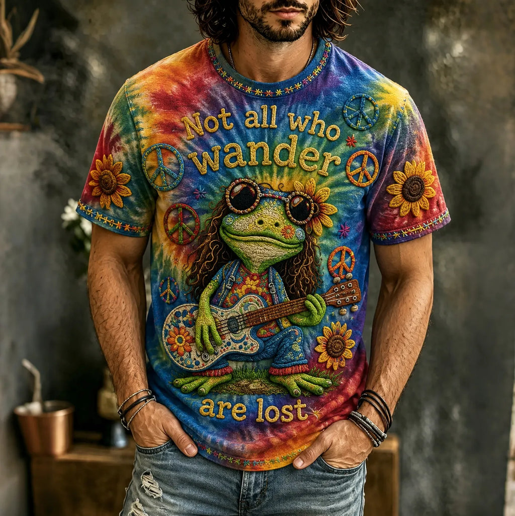 Men's Vintage Hippie Frog Pattern Art Embroidered T-shirt