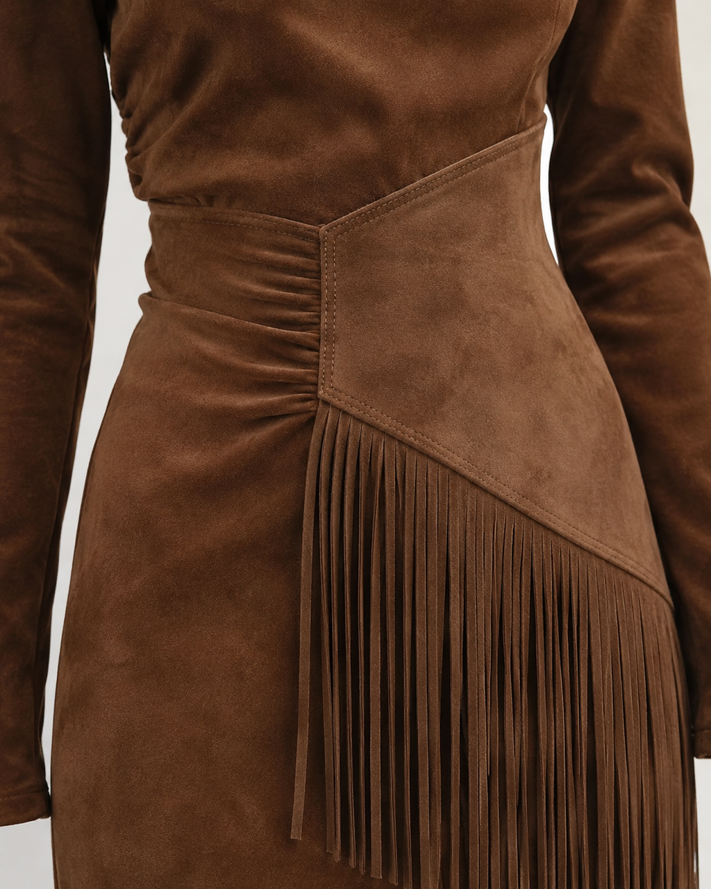 Brown Suede Asymmetric Fringe Midi Dress
