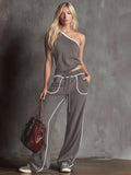 Women's Chic One-Shoulder Lounge Set - Contrast Piping Wide-Leg Pants & Asymmetric Top 2-Piece Outfit