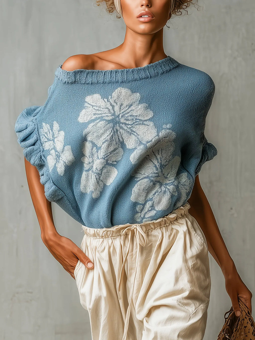 Blue Asymmetric Off Shoulder Floral Sweater