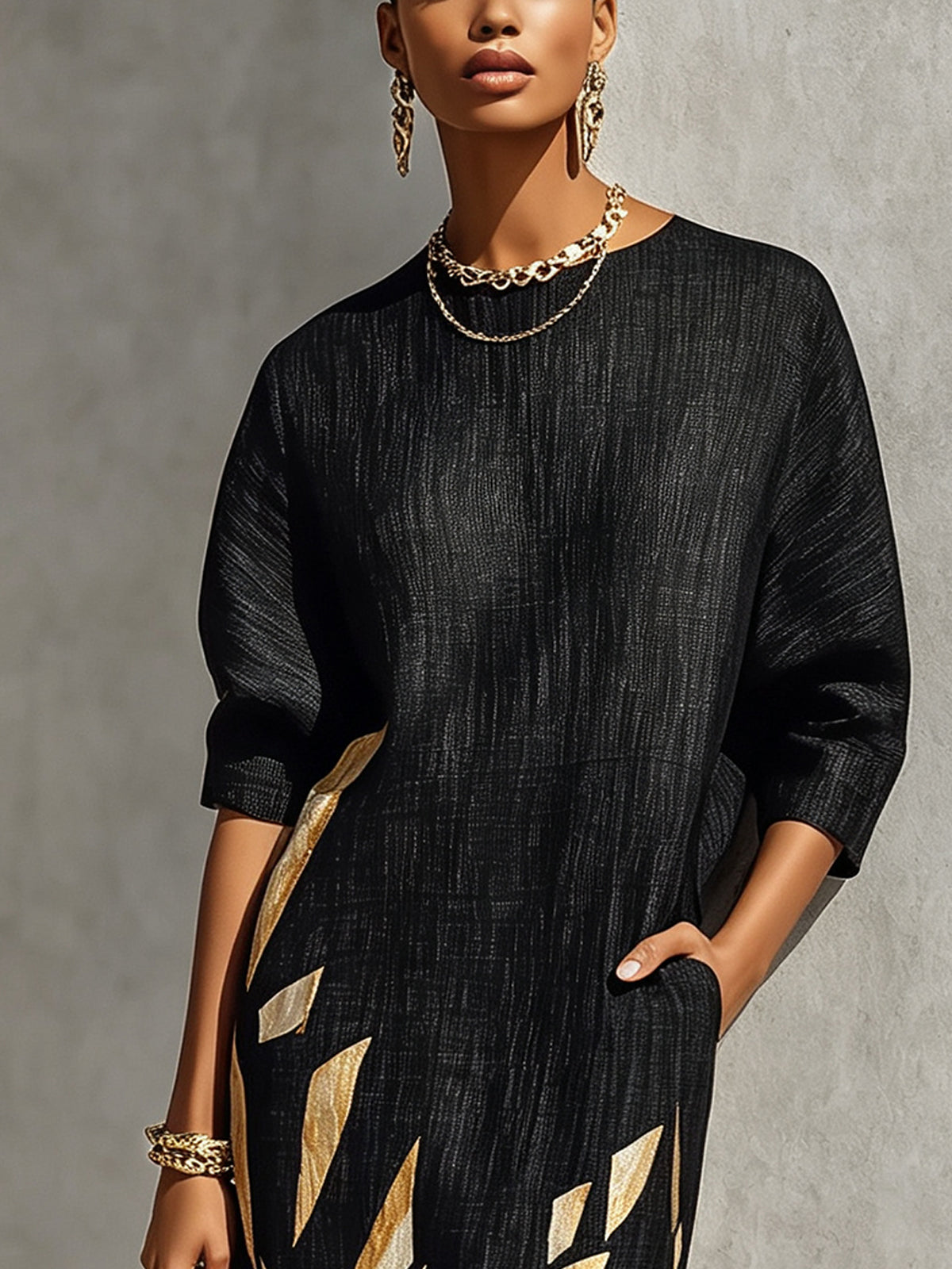 Black Oversized Textured Print Midi Dress