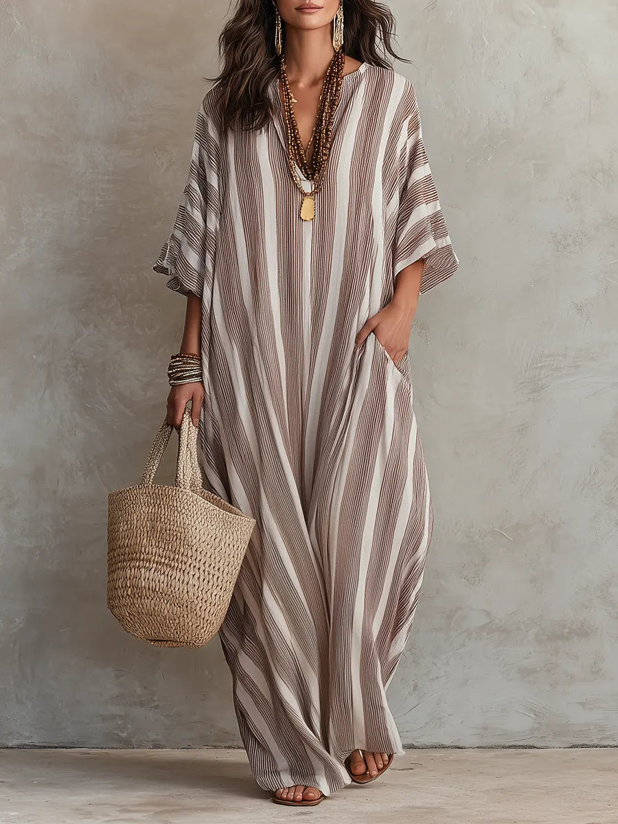 Neutral Striped Kaftan  ¨C Effortless Bohemian Resort Style Maxi Dress