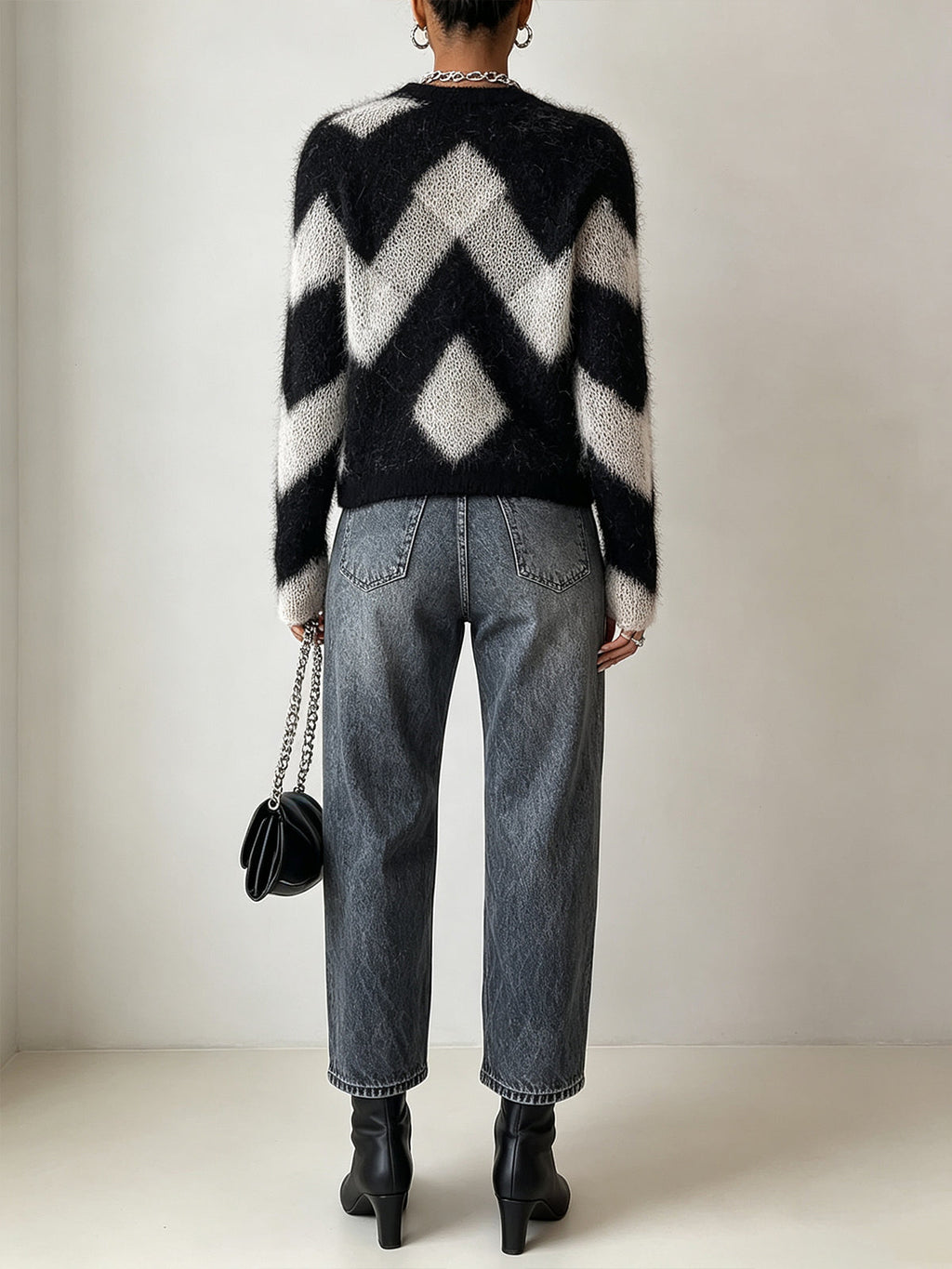 Black White Fuzzy Button-Front Knit Sweater
