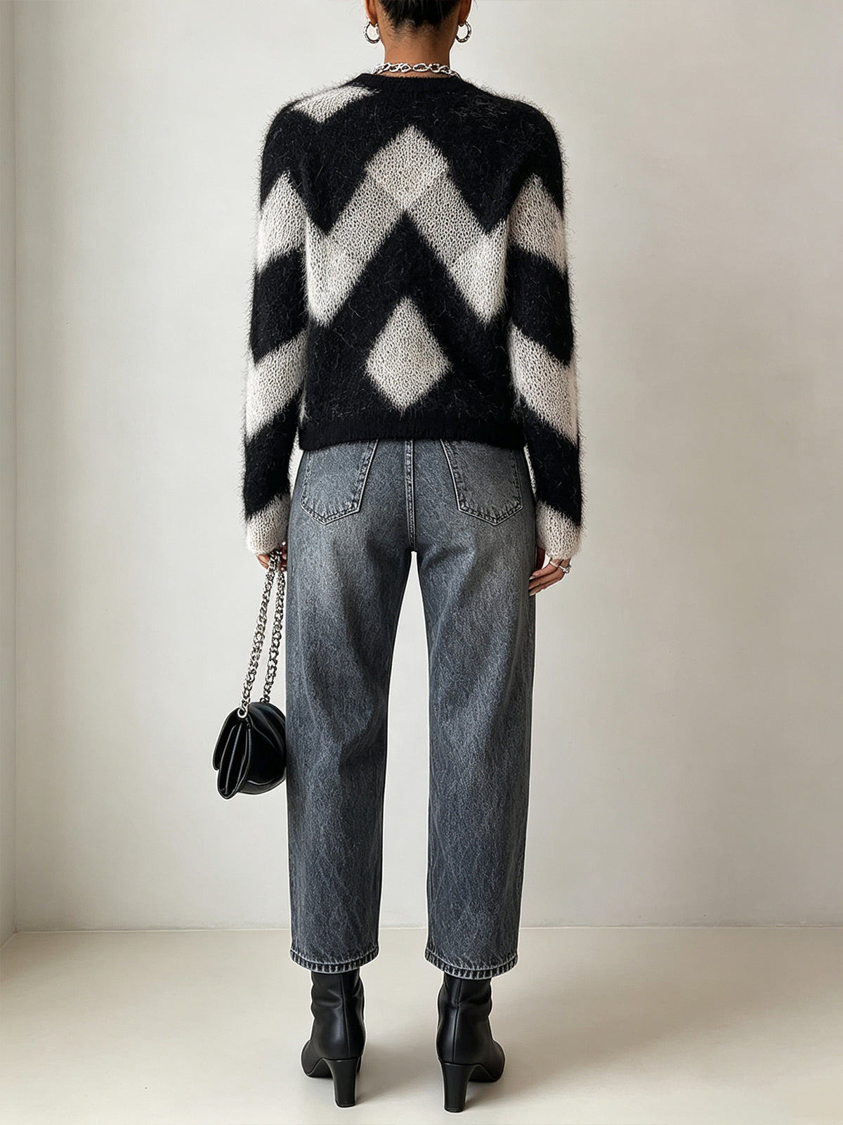 Black White Fuzzy Button-Front Knit Sweater