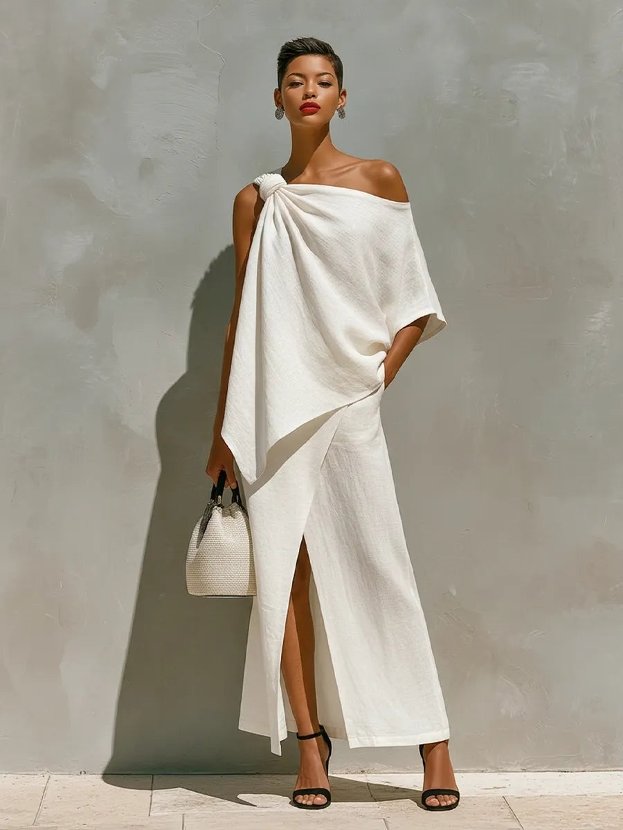 Women's White Textured Linen Skirt With Asymmetric Hem & Relaxed Silhouette, Modern Casual-Chic Style Skirt MDZ1160D0I