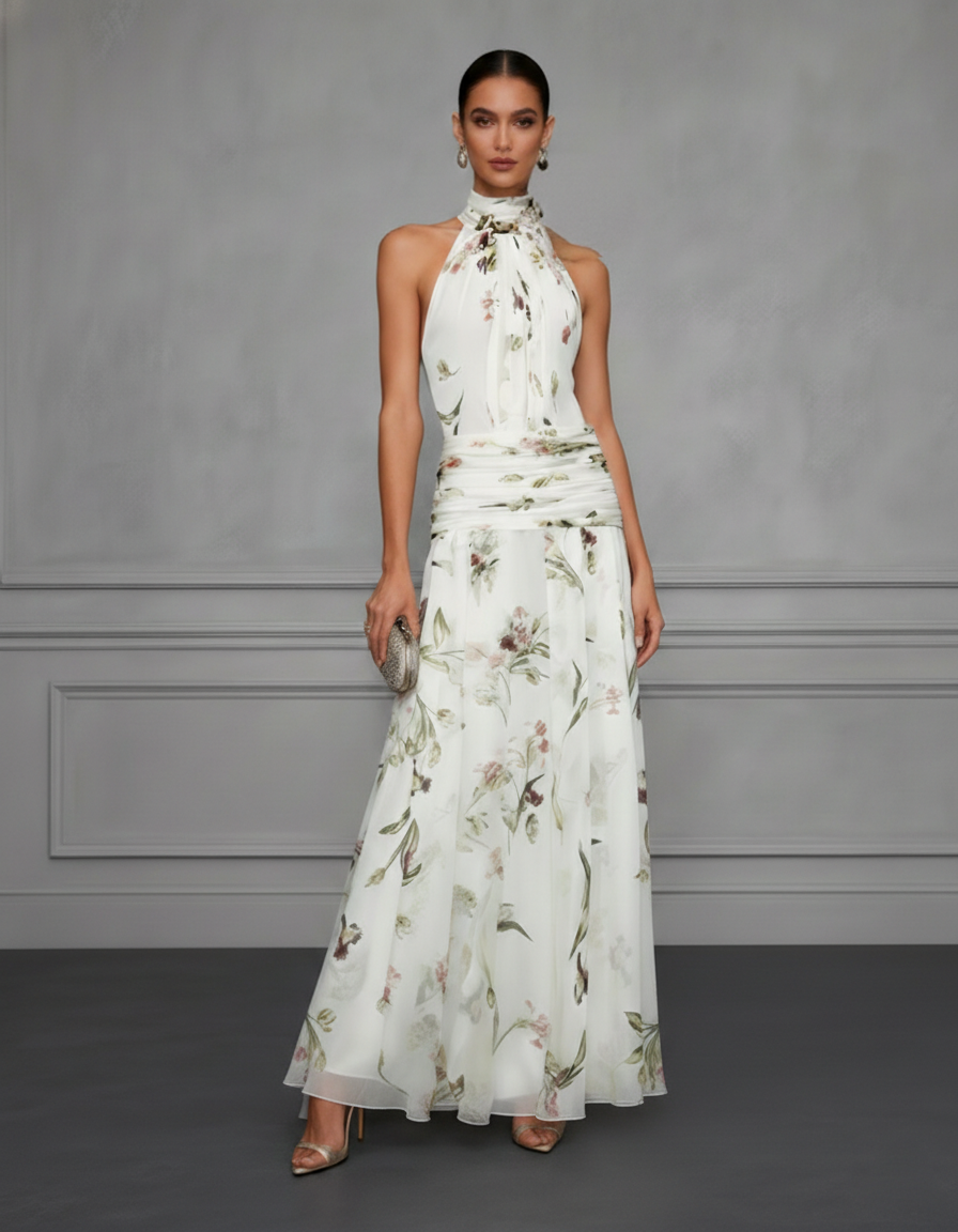 White Ruched Floral Chiffon Halter Neck Sleeveless A-Line Floor-length Gown Dress