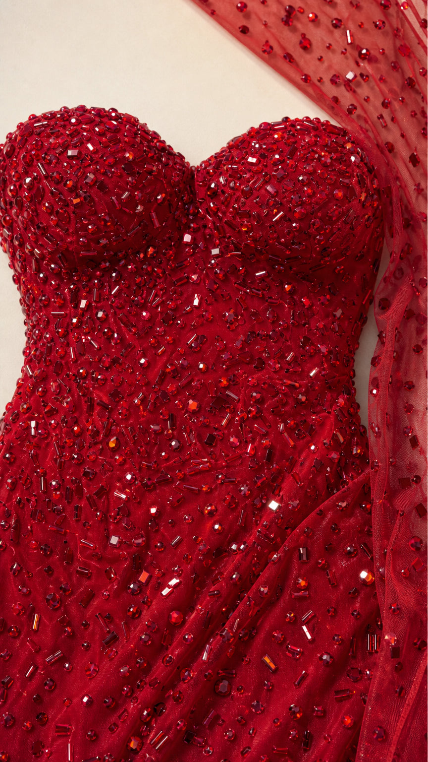 Sequined Beaded Sweetheart Evening Gown with Asymmetric Cape Drape