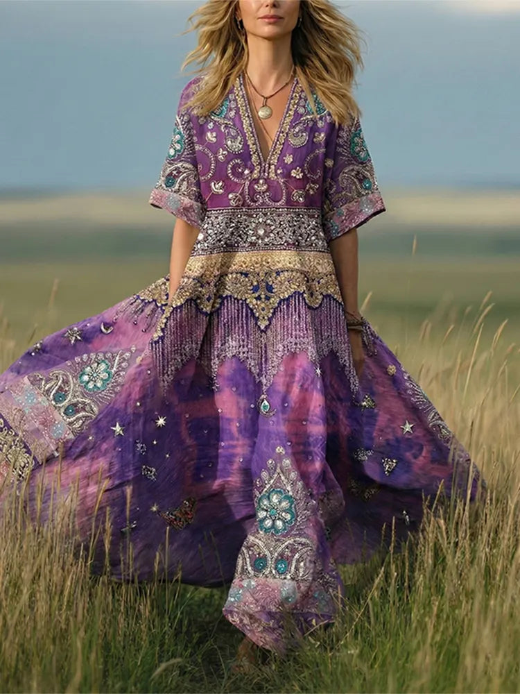 Women's Retro Bohemian Ethnic Floral Print V-neck Short Sleeve Midi Dress