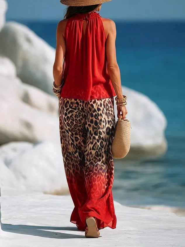 Casual Leopard Colorblock Wide Leg Pants No Belt
