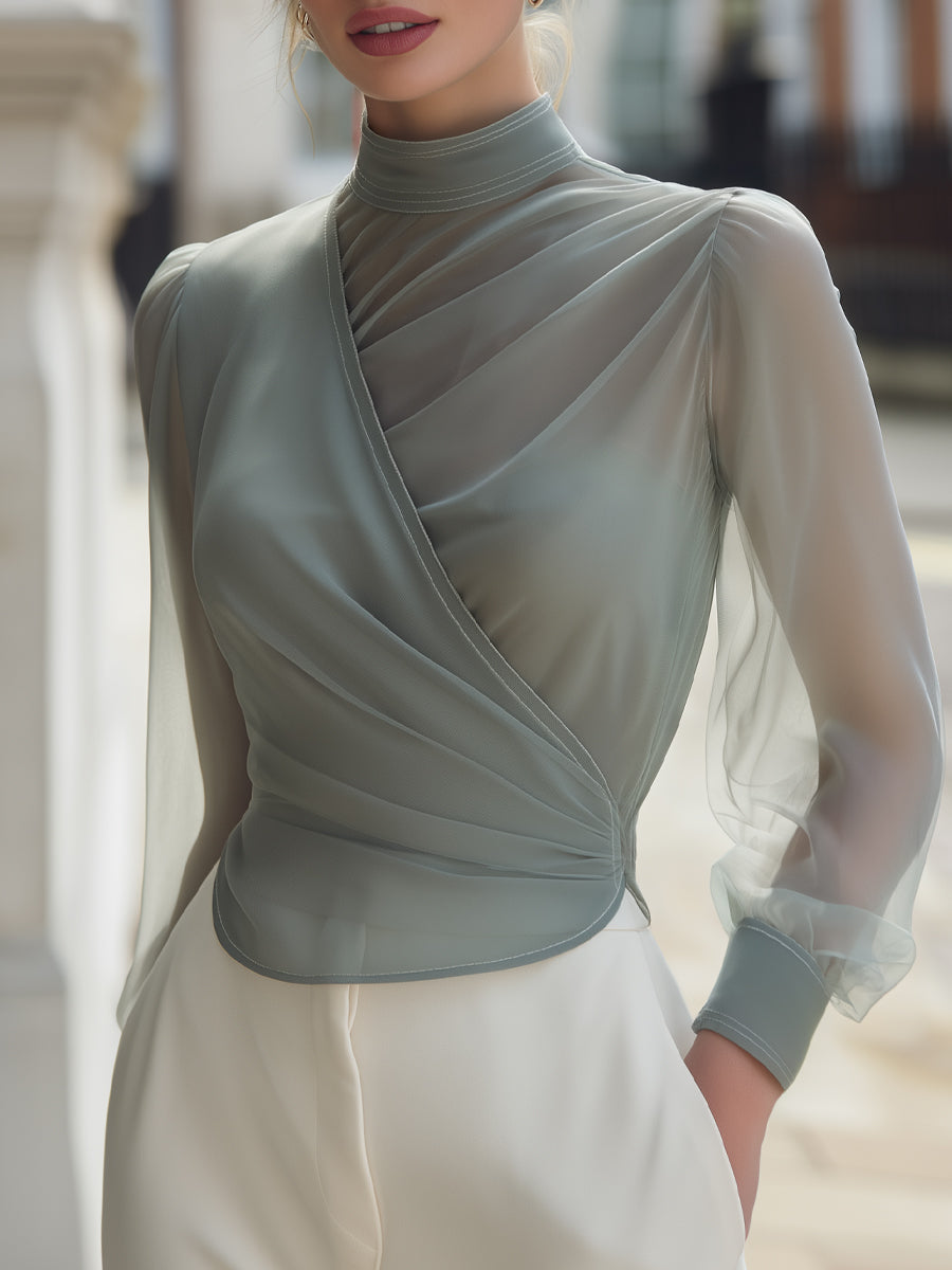 Sheer High-Neck Draped Blouse With Soft Pleated