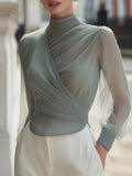 Sheer High-Neck Draped Blouse With Soft Pleated