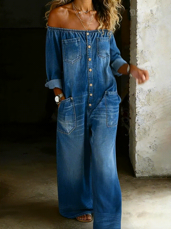 Off Shoulder Jumpsuit for Women - Long Sleeve Denim Style