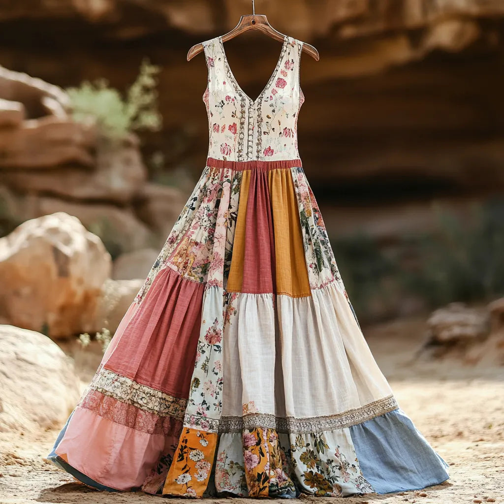 Women's Vintage Bohemian Applique Art Cotton And Linen Dress c9f2