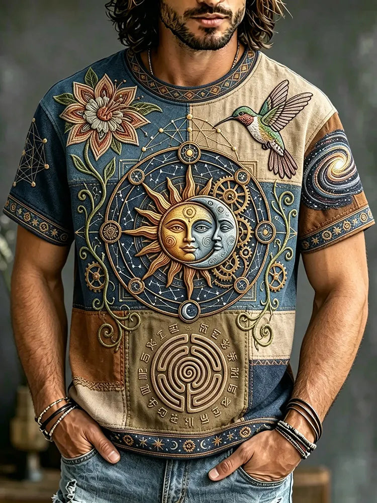 Men's Hippie Starry Sky Sun Moon Hummingbird Art Print T-shirt