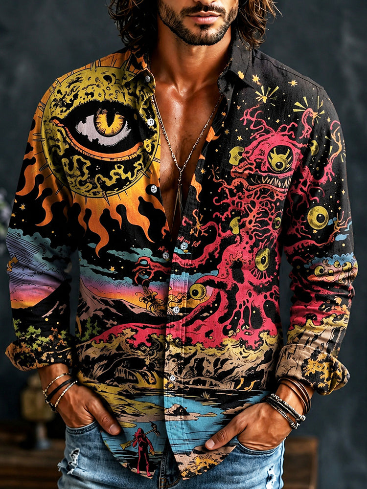 Men's Hippie Vintage Evil Cthulhu Eyes Print Long Sleeve Linen Shirt