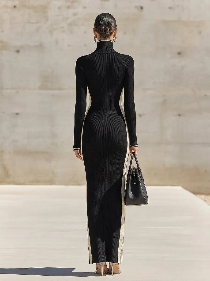 Black White Color-Block High-Neck Maxi Dress With Side Vertical Stripes And Slits