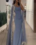 Women's Blue Shawl Sequined Mesh Dress